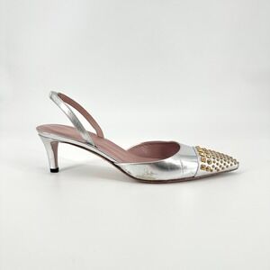 Gucci Silver Metallic Studded Slingback Pumps Pointed Toe Kitten Heels Size 39